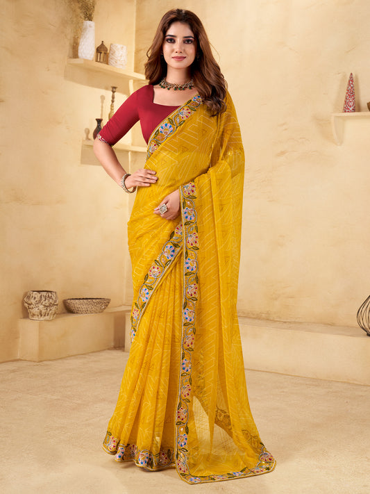 Embroidered Pure Chiffon Bandhani Saree