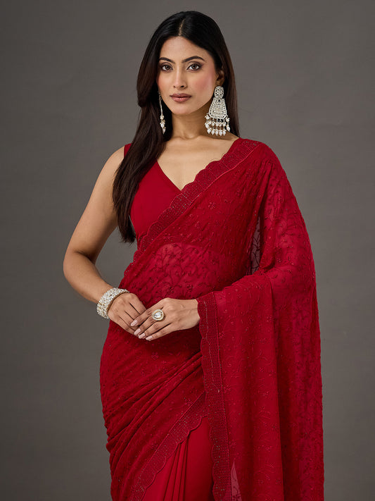 Maroon Georgette Embroidered Scalloped Border