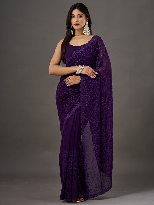 Purple Georgette Embroidered Saree
