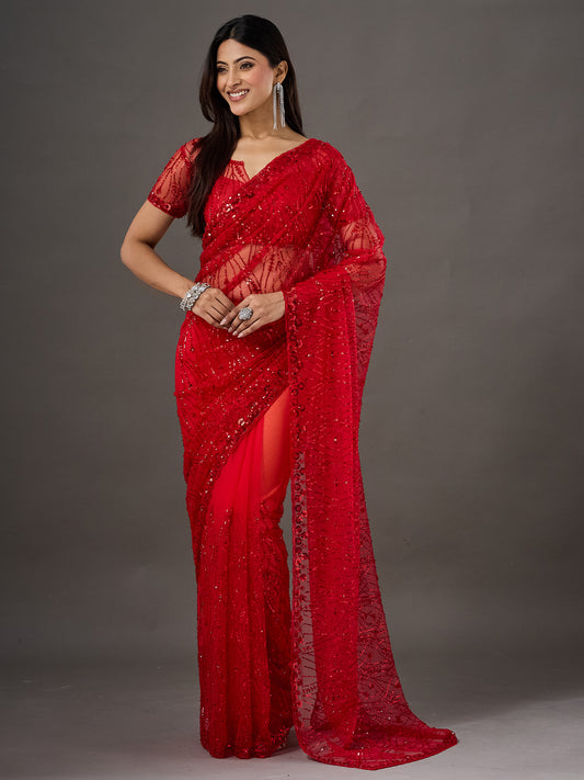 Red Sequins Embellished Net Saree