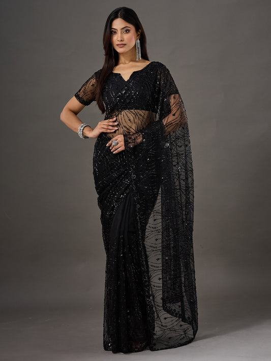 Black Sequins Embellished Net Saree