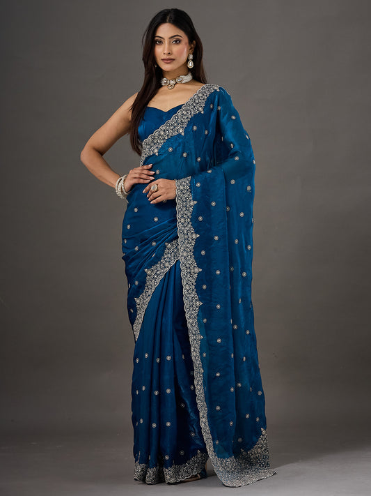 Teal Blue Sequins & Cutdana Embroidered Satin Saree