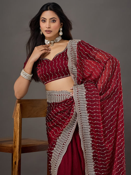 Maroon Sequins & Zarkan Embroidered Chiffon Saree