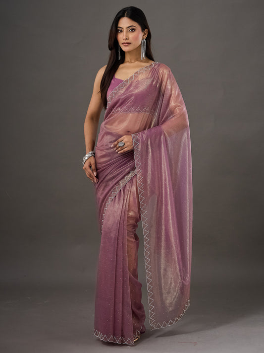 Dusty Mauve Mukaish & Chevron Border Embellished Net Saree