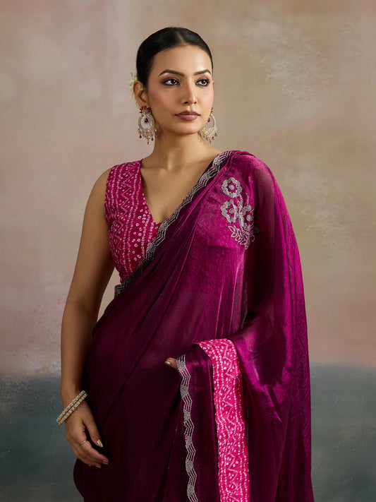 Violet Polyester Heritage Bandhani Style Saree