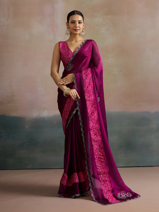 Violet Polyester Heritage Bandhani Style Saree