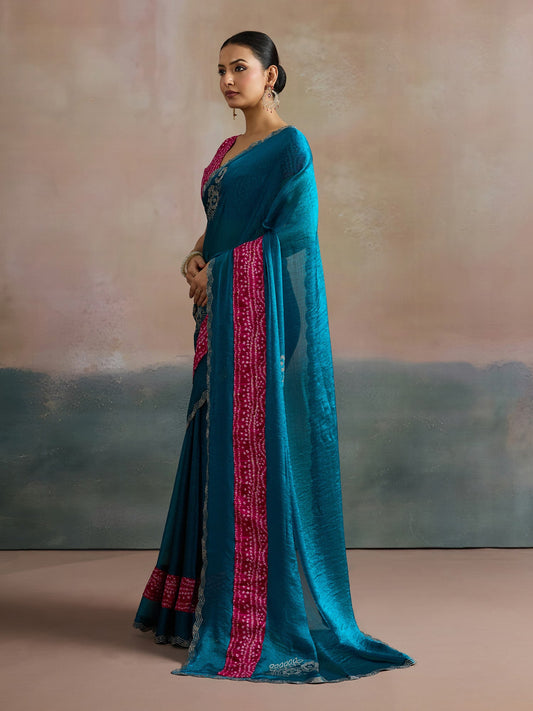 Teal Blue Satin Saree with Bandhani Border