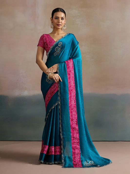 Teal Blue Satin Saree with Bandhani Border