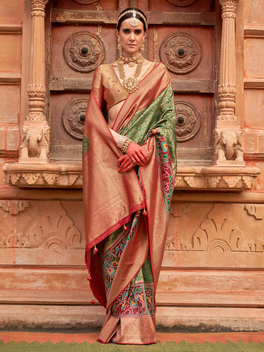 Green & Maroon Silk Blend Heritage Patola Style Saree