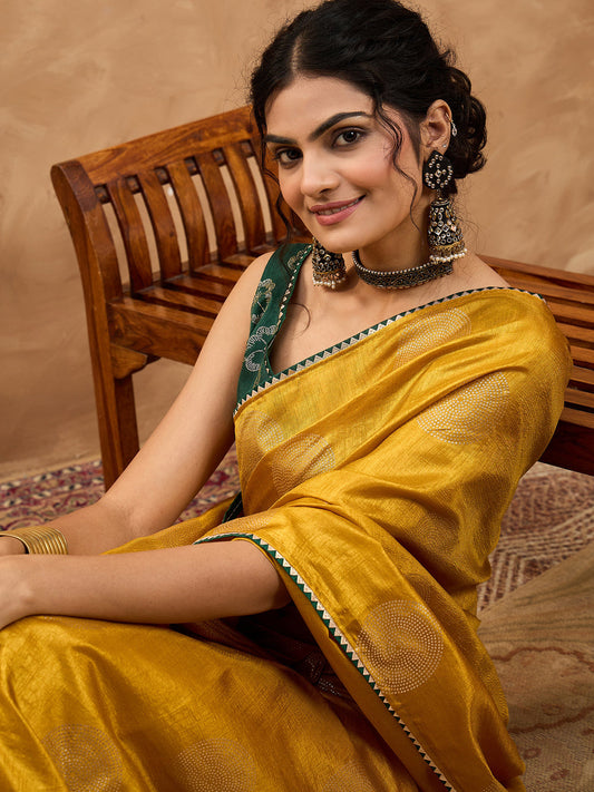 Mustard Yellow Foil Printed Silk Saree