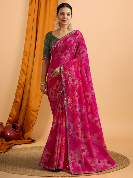 Georgette Saree with All-Over Bandhani Circular Dot Print