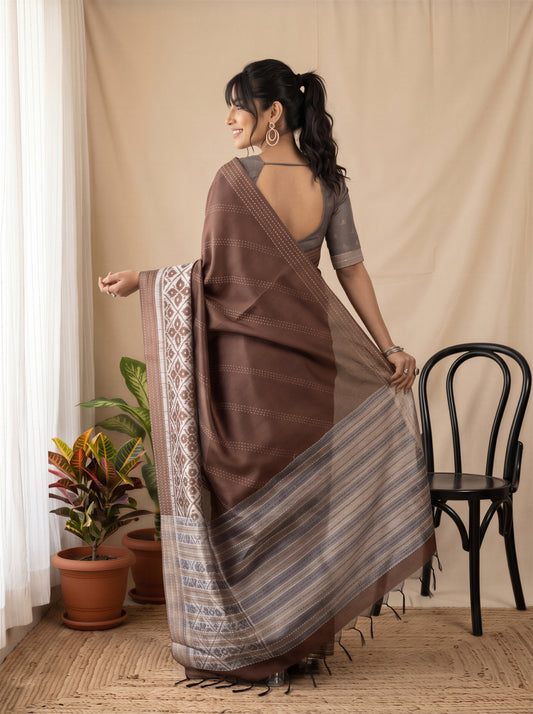 Oormila Brown Ikat Silk Cotton Saree with Embroidered Border & Grey Blouse Piece