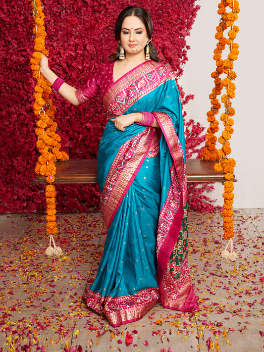 Teal & Magenta Patola Silk Saree
