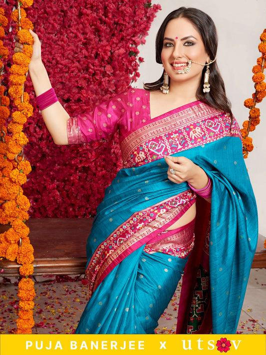 Teal & Magenta Patola Silk Saree