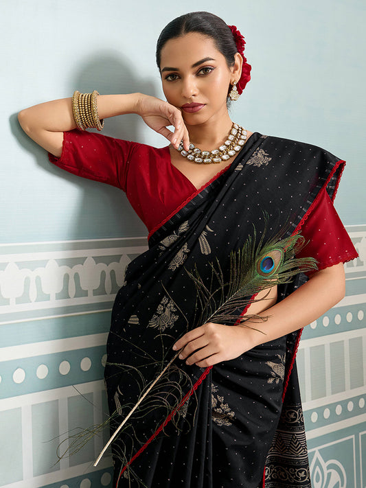 Black Silk Saree with Floral Print & Mukaish Dot Work