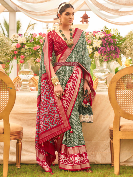 Green & Red Patola Silk Saree with Ikat Weave & Zari Border