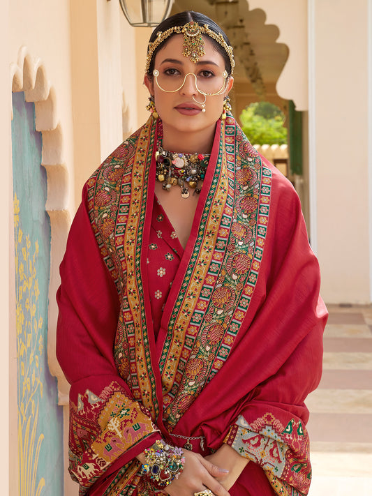 Crimson Red Patola Elephant & Floral Motif Silk Blend Saree
