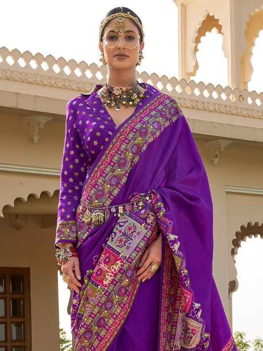 Royal Purple Patola Elephant & Floral Motif Silk Blend Saree