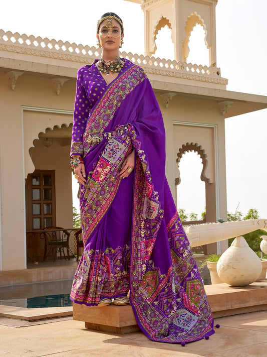 Royal Purple Patola Elephant & Floral Motif Silk Blend Saree