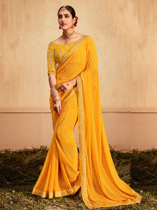 Chiffon Bandhani Saree with Gold Zari Border