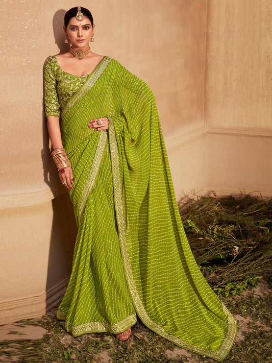 Lime Green Georgette Saree with All-Over Leheriya Stripe, Gold Zari Border