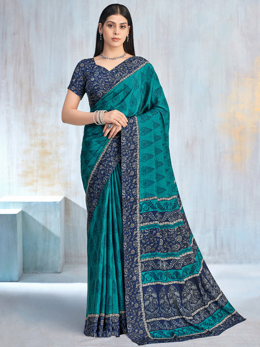 Teal & Navy Two-Tone Silk Saree with Self-Tone Jacquard Floral Weave, All-Over Silver Floral Vine Print, Multi-Stripe Printed Pallu, Gold Sequin Lace Trim & Matching Navy Printed Blouse