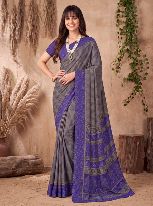 Chitralekha Grey Bagh Crepe Saree with Printed Border & Purple Blouse Piece