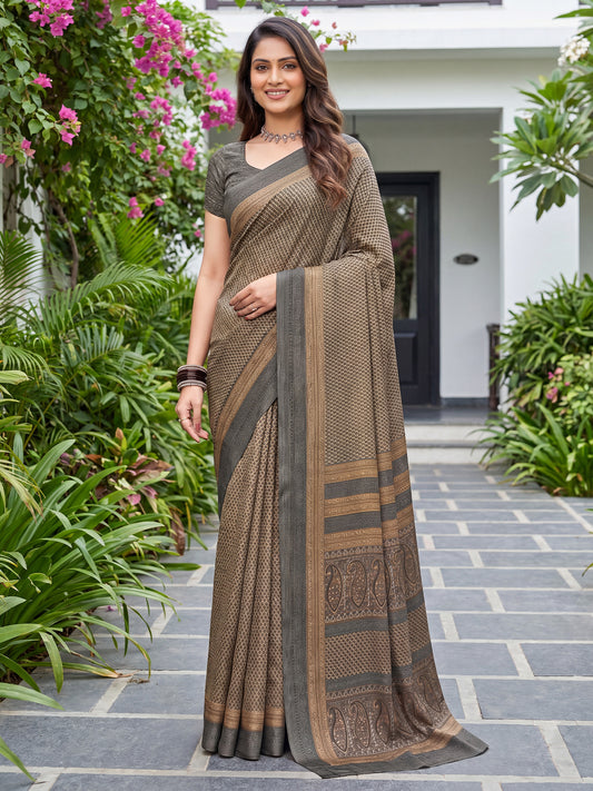 Olive Brown Ethnic Geometric & Paisley Print Crepe Saree