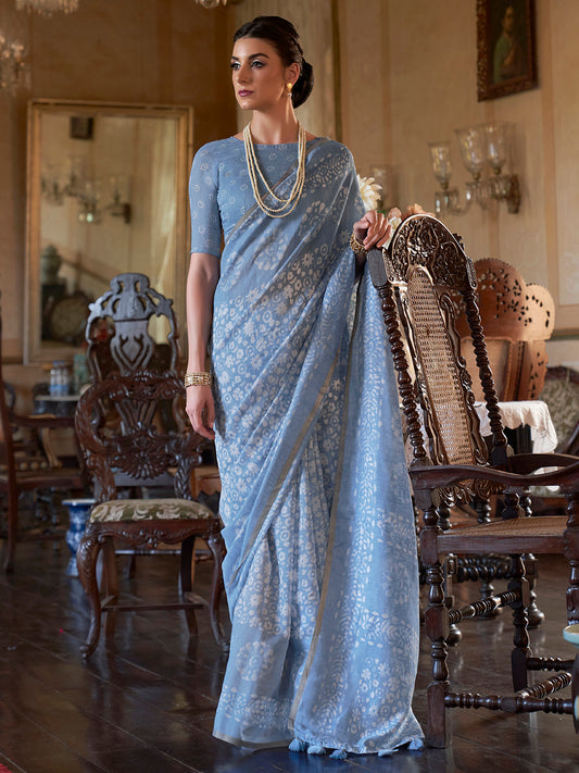 Powder Blue Silk Blend Floral Print saree