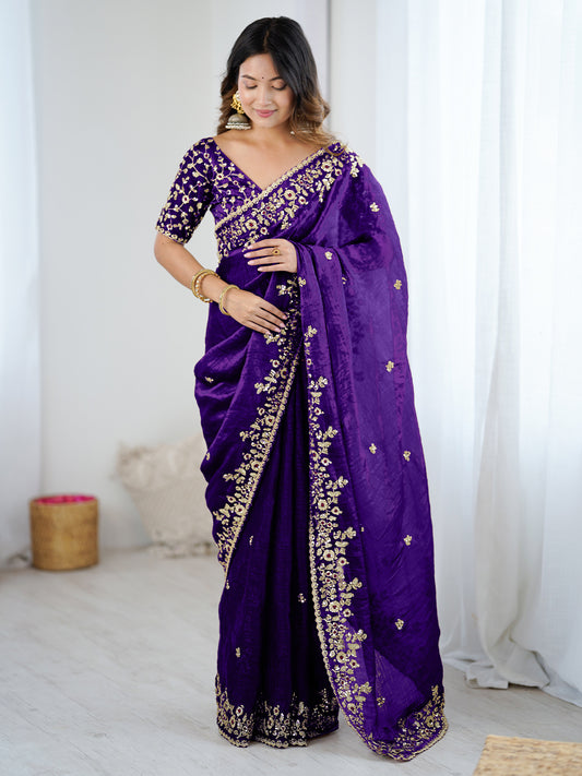 Royal Purple Embroidered Silk Saree with Blouse