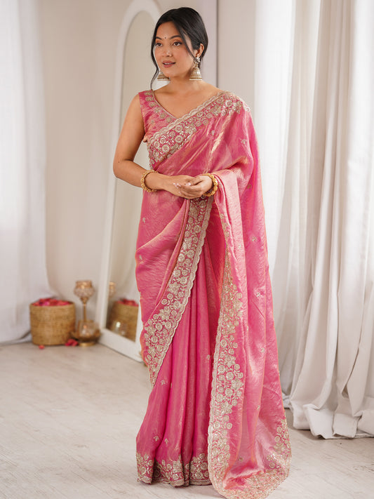 Pink Tissue Silk Saree with Embroidered Border