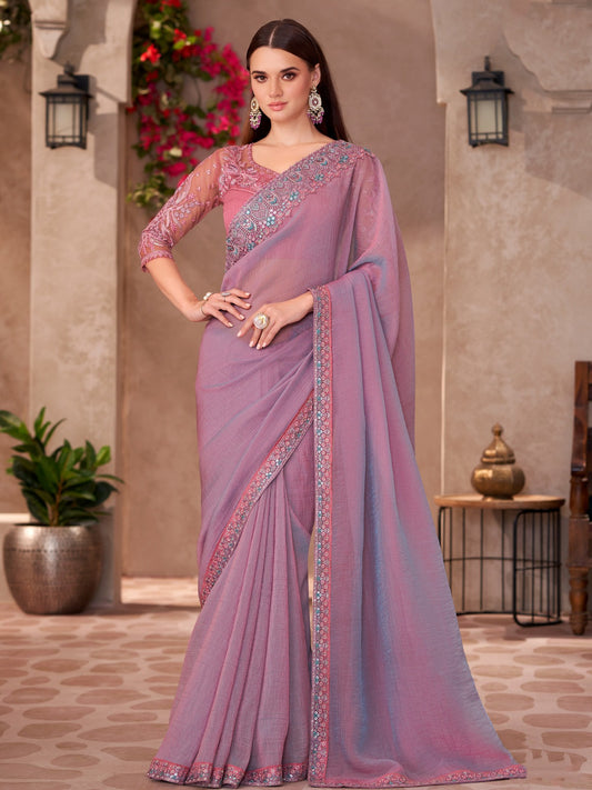 Georgette Mauve Embellished Designer Saree With Blouse Piece.