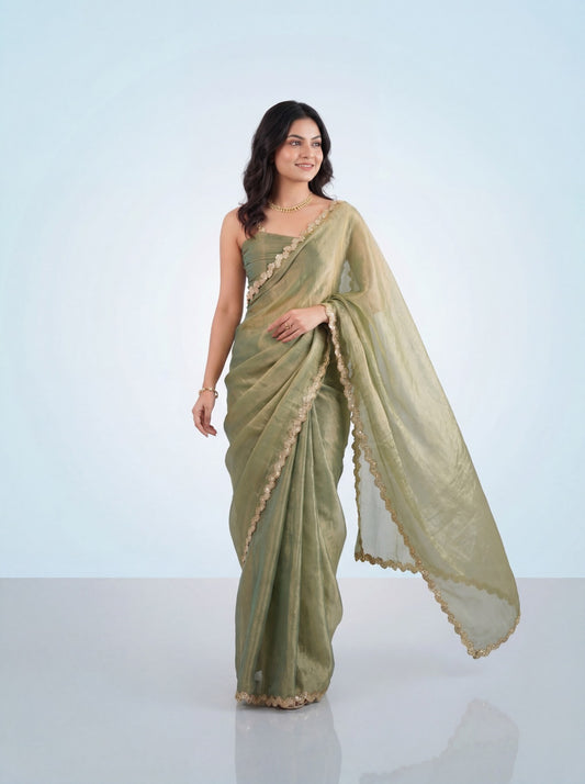 Sage Green Tissue Silk Saree with Gold Floral Lace Border