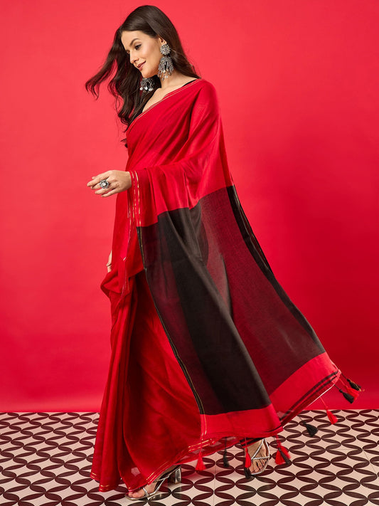 Red & Black Colour Block Cotton Saree with Gold Piping Border & Tassels