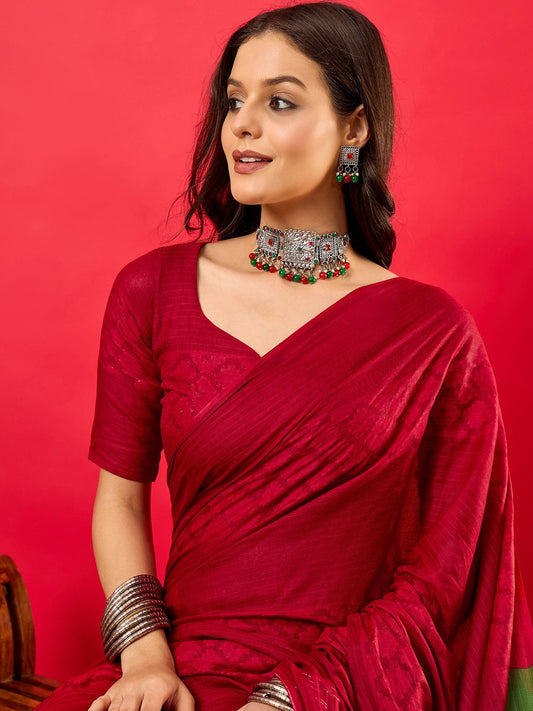 Crimson & Green Colour Block Cotton Saree