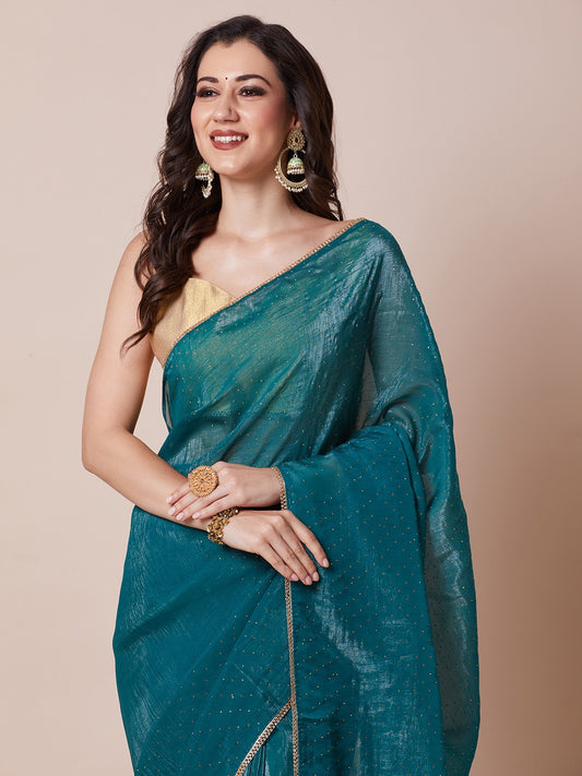 Teal Blue Shimmer Chiffon Saree