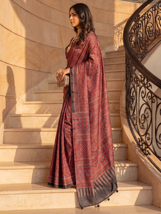Rust Red Ajrakh Floral Printed Saree with Black Border