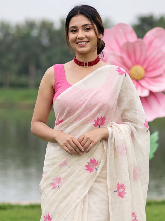Off-White Linen Cotton Floral Printed Saree