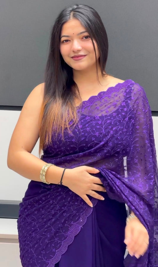 Deep Purple Georgette Embroidered Saree