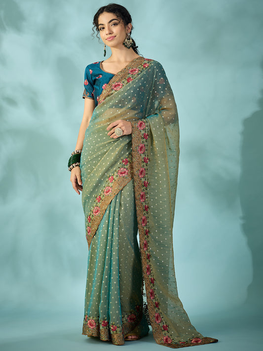 Teal Green Tissue Silk Saree with Zari Stripes
