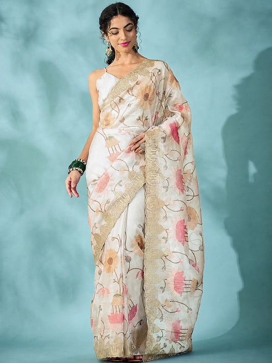 Off White Embroidered Party Wear Saree