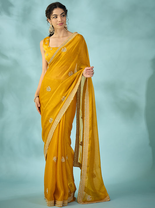 Yellow Tissue Silk Saree with Zari Stripes