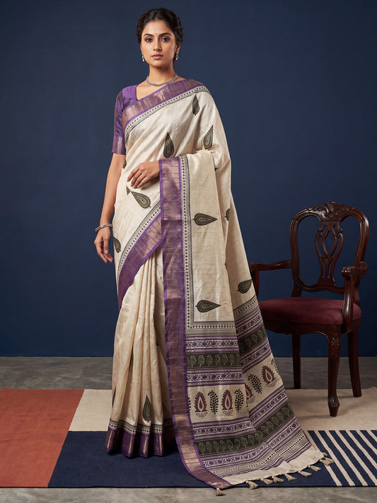 Off White Block Printed Saree