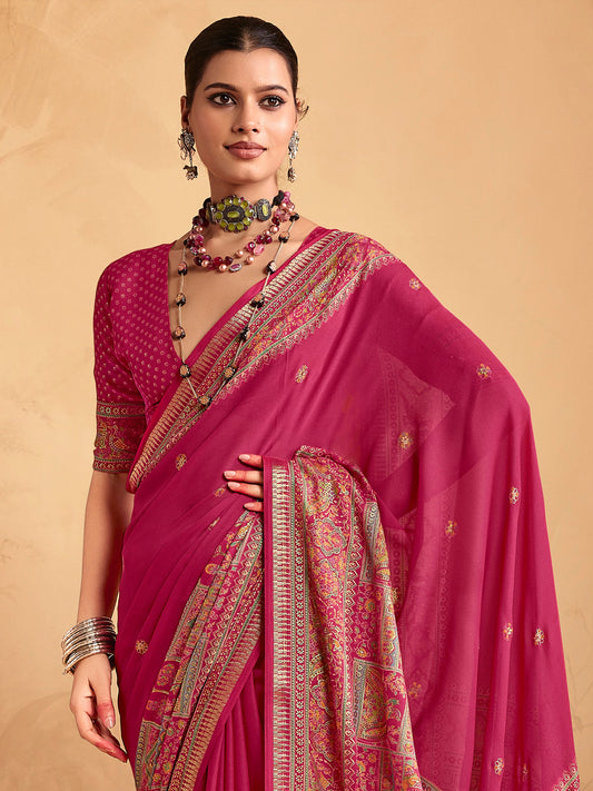 Rani Pink Georgette Designer Woven Saree