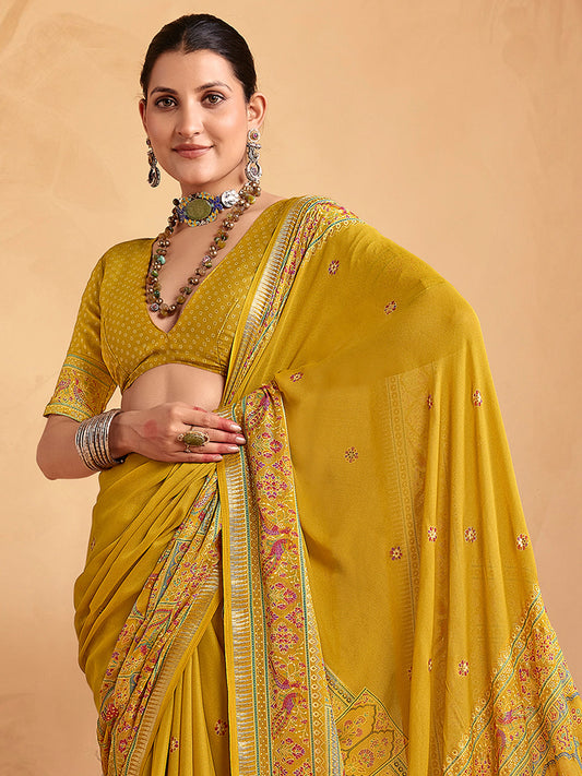Mustard Yellow Georgette Printed Designer Saree