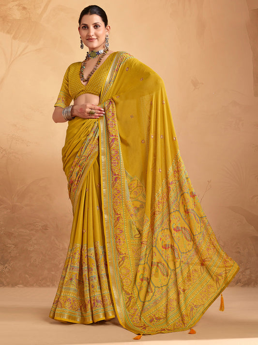 Mustard Yellow Georgette Printed Designer Saree
