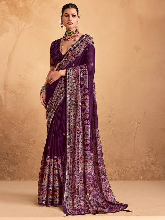 Wine Georgette Floral Printed Saree