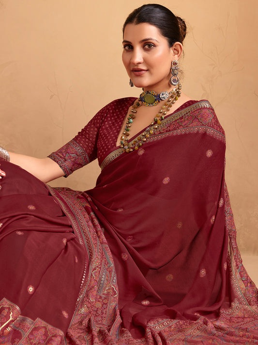 Maroon Georgette Designer Printed Border Saree