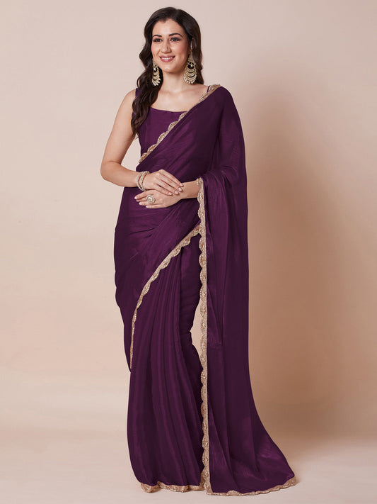 Deep Plum Chiffon Saree with Gold Scallop Lace Border