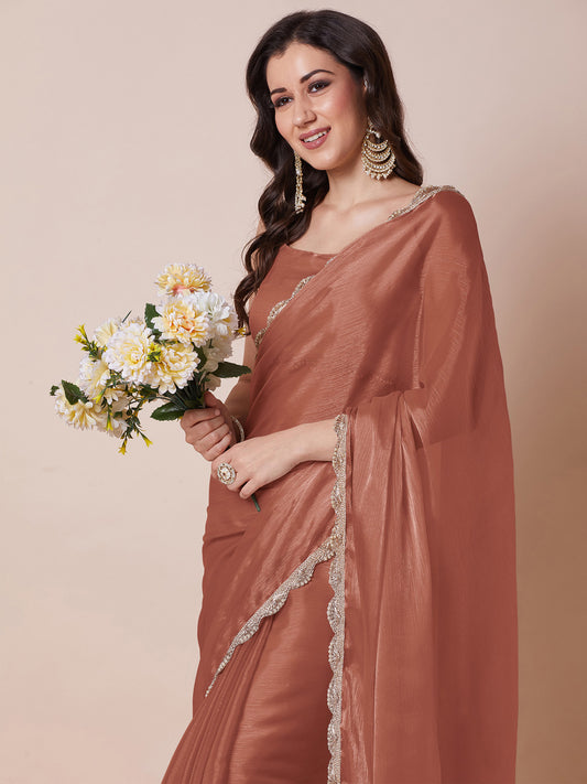 Copper-Brown Shimmer Organza Saree with Scalloped Zari Border